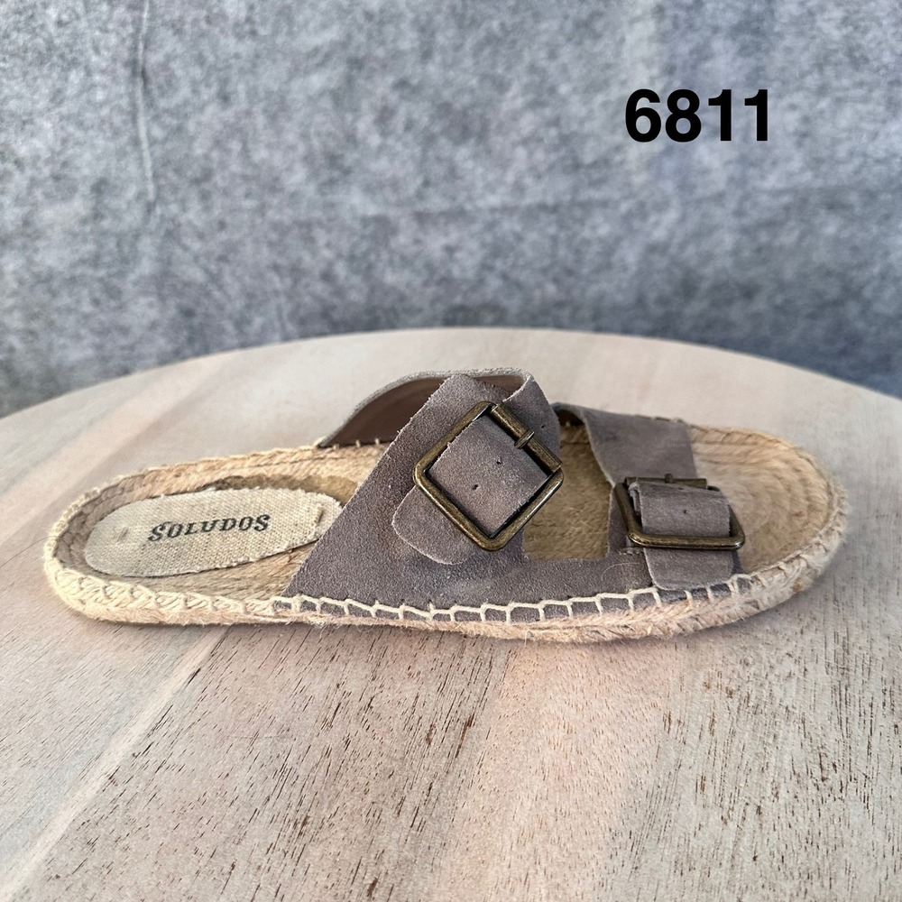 Soludos Womens Suede Double Buckle Espadrille Slide Sandals Taupe Grey Flat